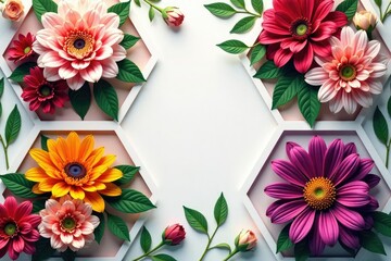 Fototapeta premium Intricate floral bouquets within hexagons, vibrant hues, polygon, botanical