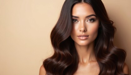 Naklejka premium Beautiful woman with voluminous dark hair. Model shows off healthy glossy hair, perfect for premium hair dye brand. Portrait highlights facial features, beauty, confidence. Ideal promo beauty product