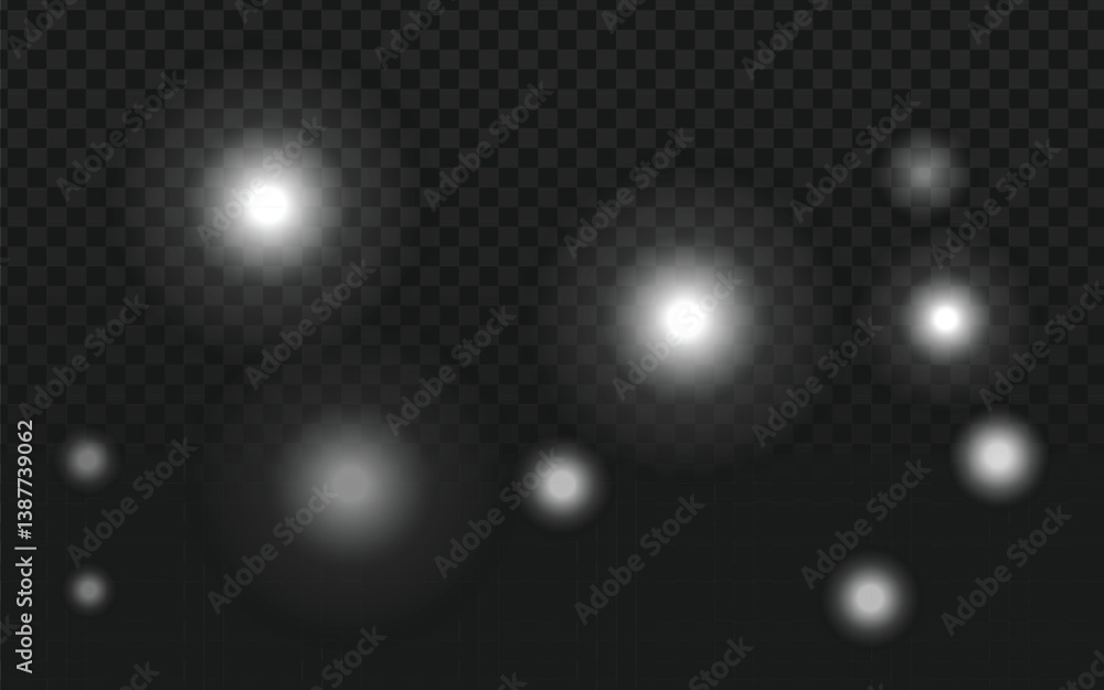 Poster set of glowing white bokeh lights of varying sizes and intensity on a transparent dark checkered bac