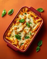 Baked ziti with cheese and basil on terracotta background