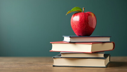 Vibrant Red Apple on Stacked Books