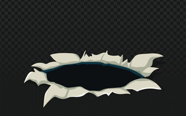 Vector illustration of a jagged tear or hole in dark material, revealing a dark interior against a transparent checkered background. Useful for dramatic reveal effects.