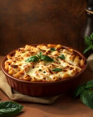 Baked ziti with cheese and basil on terracotta background