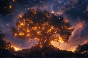 Fototapeta premium A luminous tree illuminates the night sky amidst a starry scene