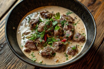 A savory bowl of meat in a creamy sauce served hot