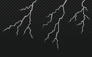 Striking vector set of three jagged white lightning bolts on a transparent dark checkered background. Perfect for dramatic weather and energy effects.