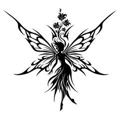 Fototapeta premium Elegant fairy silhouette with floral designs in black and white 