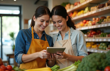 Two smiling women in aprons use digital tablet in local grocery store. Staff discuss online orders, inventory. Small business, teamwork, modern tech, food market shopping.