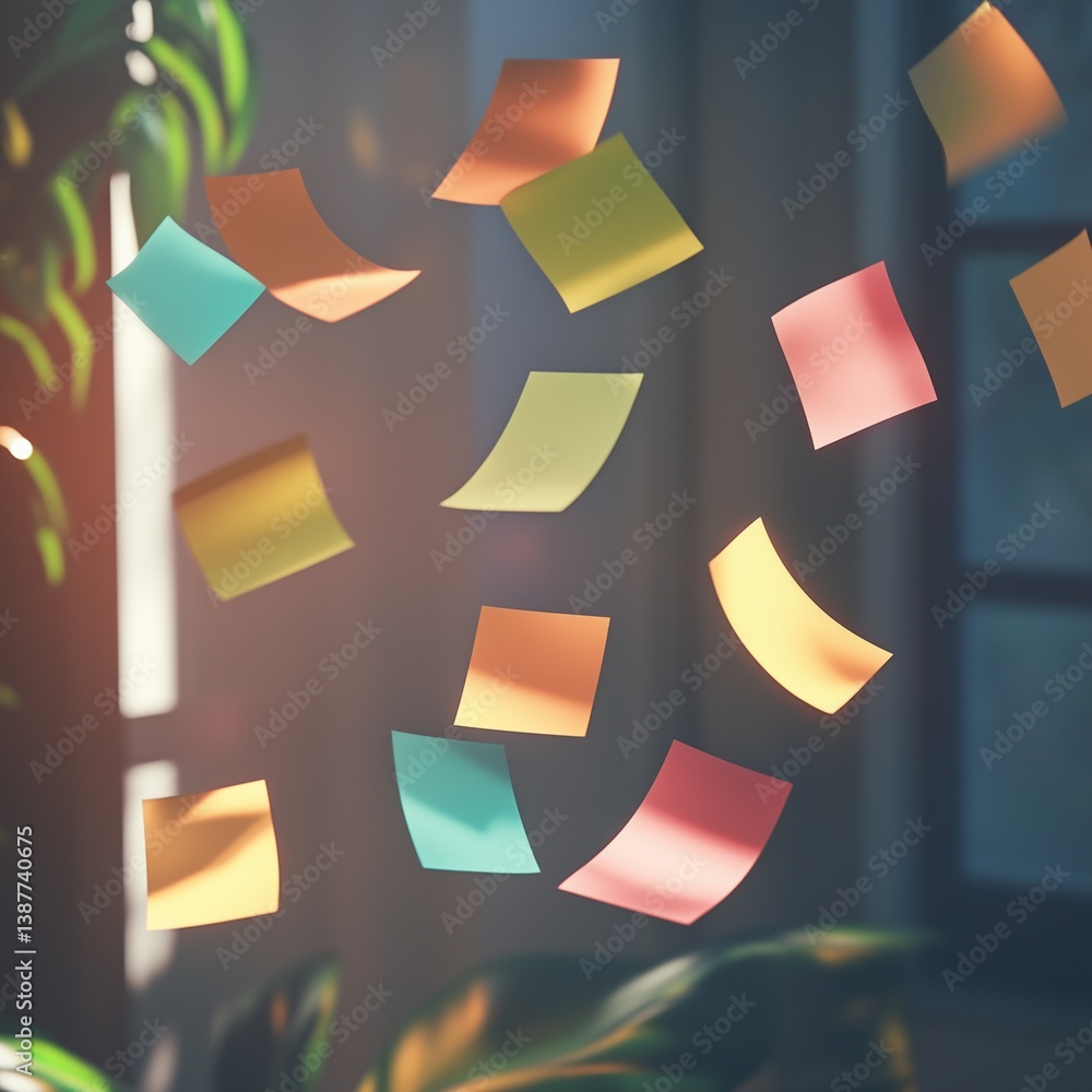Poster floating notes: colorful sticky notes float gently in the air against a soft-focus background, creat