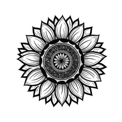 Black and white sunflower mandala design with intricate patterns  
