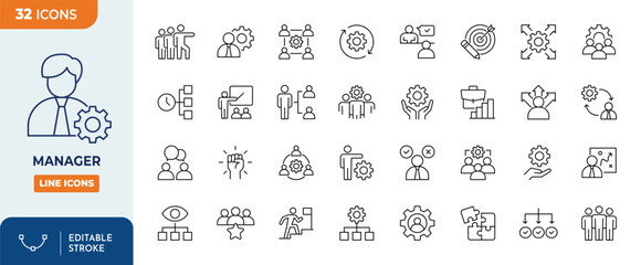 Manager icon set. Containing leadership, supervision, hiring, coaching, management, development, organization, teamwork and more. Outline Icon Collection. Vector illustration. Editable stroke	
