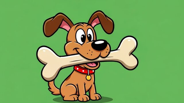 Happy Cartoon Dog Holding a Large Bone