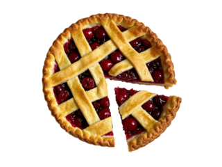 Cherry Pie with Golden Lattice Crust and Vibrant Red Cherry Filling – Artisanal Homemade Dessert Slice Display, PNG Isolated Transparent White Background Stock Object Photo Download