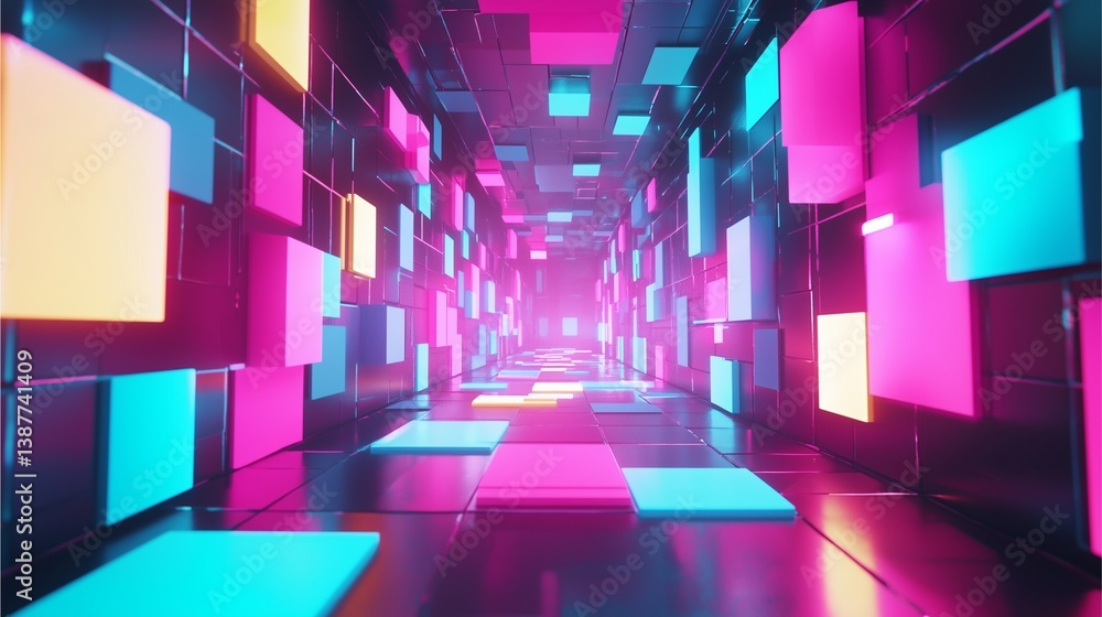 Poster neon passage: a vibrant display of illuminated rectangular structures in an interior, offering a vie