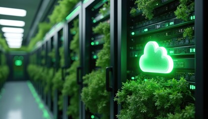 Green data center servers with cloud computing concept. Eco friendly sustainable IT solutions. Nature and technology integration. Environmentally friendly servers. Green cloud icon. Innovation.