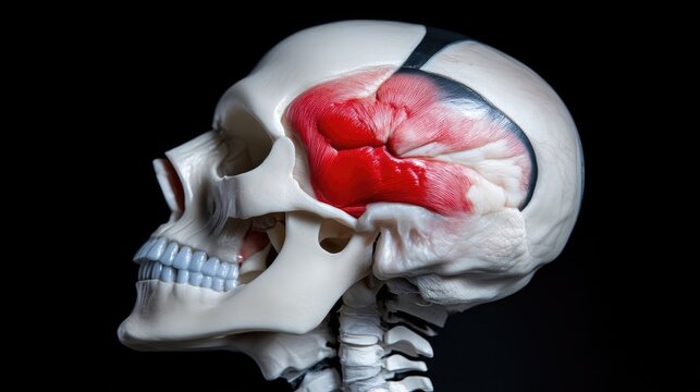 Anatomical model of a human head, highlighting the temporal region