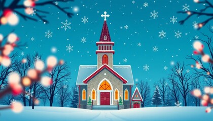 Snow Covered Church at Night Christmas Winter Scene