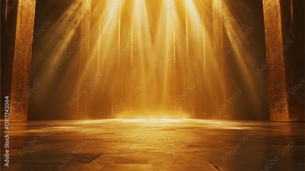 Poster golden stage and illumination: a mesmerizing interplay of golden spotlights illuminates an empty sta