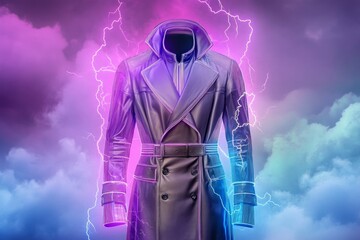 A cyberpunk fashion editorial featuring neon-lit trench coats and high-tech accessories