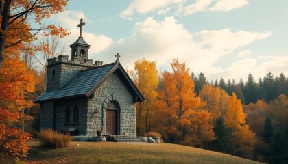 Stone Chapel Amidst Vibrant Autumn Foliage