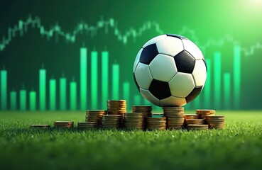 Football soccer ball stands coins stack on grass. Financial market chart in background. Gambling, betting on sports matches, online betting, winning money concept. Financial success in sport.