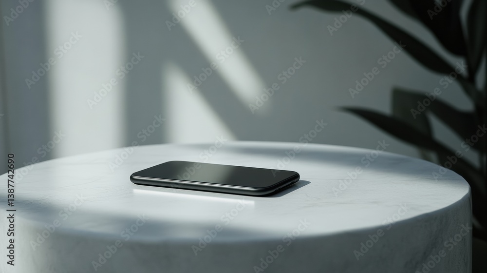 Poster modern smartphone resting on minimalistic white surface with soft diffused lighting