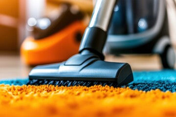 Close-up of vacuuming colorful carpet and mopping wooden floor, editable image ideal for spring cleaning campaigns, housekeeping blogs, or customizable advertising materials