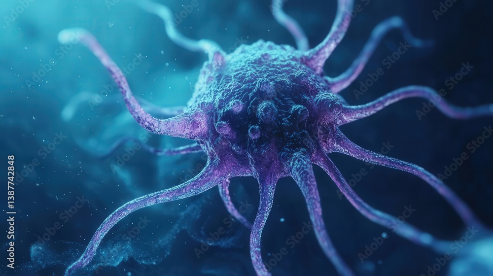 Poster close-up 3d render of a human cell on a blue background, featuring detailed macro photography with a