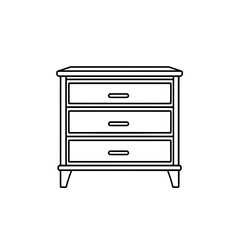 Traditional wooden dresser with three drawers and decorative legs, illustrated in a clean black and white style.