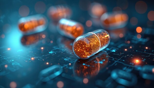 Digital image illustrates AI drug discovery. Glowing capsules over tech circuit board, representing medicine, health care technology. Automated processes, innovation. Digital medicine future.