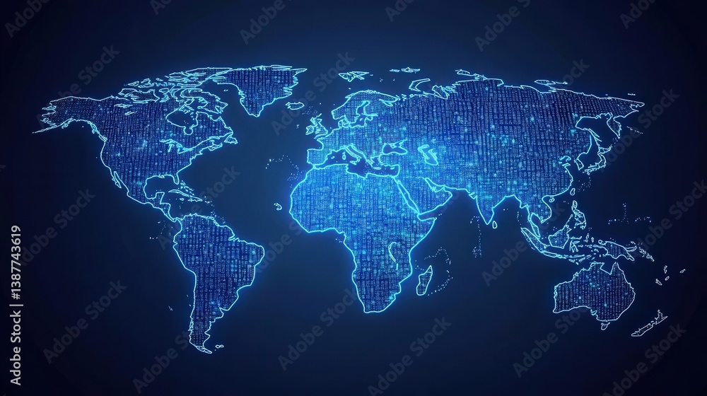 Wall mural abstract blue world map with hexagonal pattern on a dark background, symbolizing global connectivity