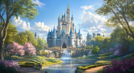A beautiful fairytale castle and its surrounding enchanted garden