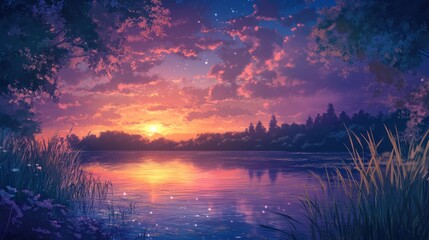 Obraz premium Enchanting sunset illustration reflecting on serene waters with ethereal glow
