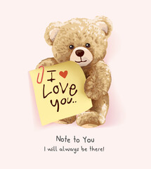 cute bear doll holding love memo note vector illustration created by hand drawn