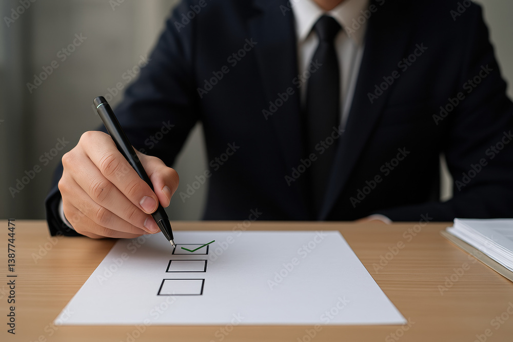 Poster document approval process checklist with a professional man marking a checkbox signifying completion