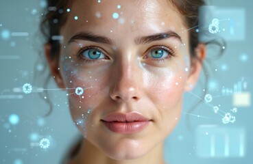 AI generated image of woman face with glowing dots effect. Exosomes skin treatment diagram with collagen boost, rejuvenation. Elasticity improvement, youthful glow. Skincare treatment, beauty concept.