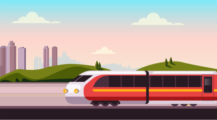 Railway train station with train cartoon style illustration