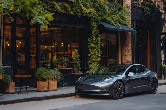 Gray electric sedan parked on the street in front of a stylish cafe decorated with plants