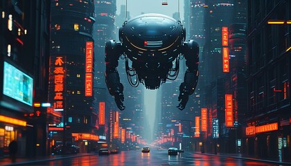 Futuristic robot hovering above neon-lit urban street at night showcasing advanced technology and vibrant city life