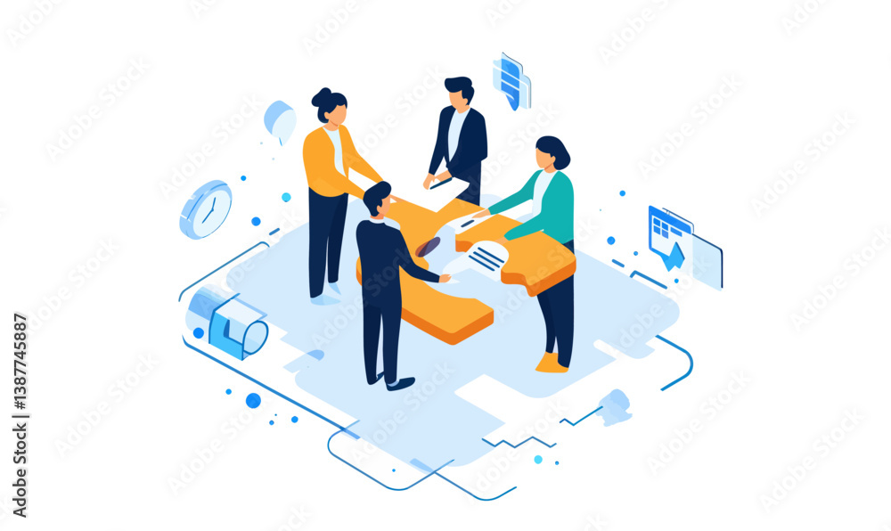 Poster isometric illustration of business merger and teamwork in dynamic environment