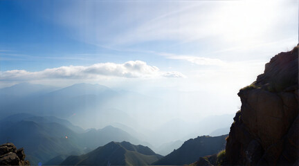 Breathtaking Mountain Range Landscape View With Layers Of Mountains And Bright Sunlight