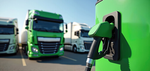 Fototapeta premium Biofuel filling station with fuel pump nozzle in focus. Green trucks stand on background. Bio fuel pump station. Renewable energy, eco-friendly transport. Alternative energy source for cargo