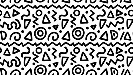 Seamless vector pattern with playful Memphis style design featuring bold black hand drawn shapes on white background with retro 1980s 1990s aesthetic for fun and funky backgrounds