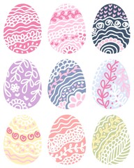 Easter eggs hand-drawn clipart set. Happy easter egg flat clip art collection in colorful and pastel paint art for traditional hunting celebration. Vector illustration flat oval shape elements.