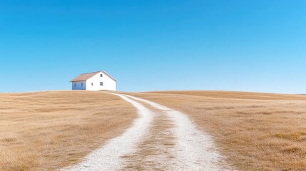 A solitary white house atop a golden hill, a pathway leading to it under a vast blue sky