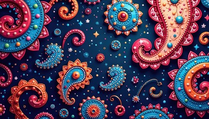Intricate swirling paisley motifs in vibrant hues , bohemian, colorful