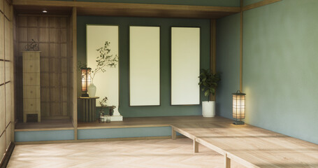 Japan style empty room with graywall with wood wall design. 3d rendering