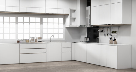 Mock up white modern loft style on kitchen counter scene mockup and set shaped kitchen design. 3d rendering