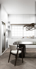 dinner room japanese style with long table and wooden chairs in room japandi.3D rendering