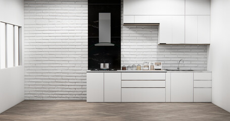 Mock up white modern loft style on kitchen counter scene mockup and set shaped kitchen design. 3d rendering
